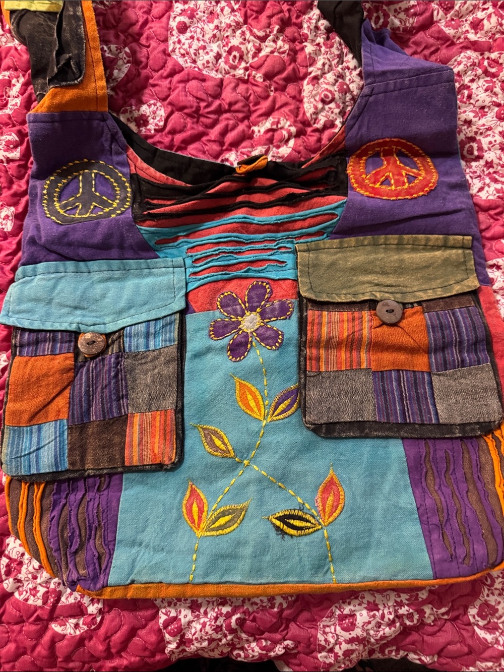 Bohemian Patchwork Floral Hobo Bag - Purple & Teal